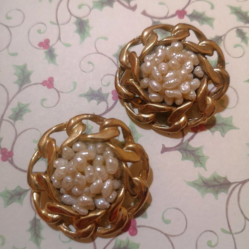 Vintage clips earrings used, large faux bijoux with pearls
