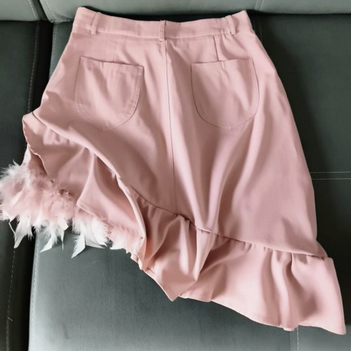 Upcycled asymmetric skirt with ruffles and pink feathers, SBETRO