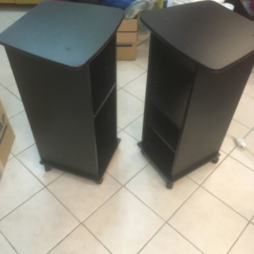 Rolling side tables like new, black melamine shelves, set of 2