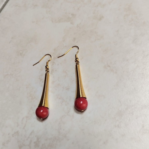 Dangle earrings elegant with genuine coral bead, new, orange and gold