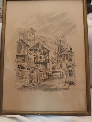 Watercolor painting village road used, signed by D. Ioannou