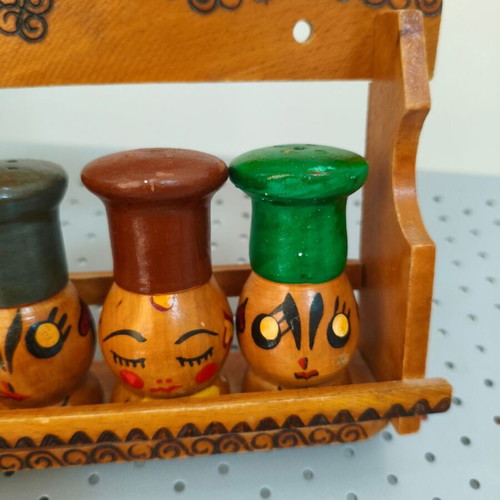 Vintage 1970s Japanese handmade wooden salt and pepper shakers, set of 5 with wall rack