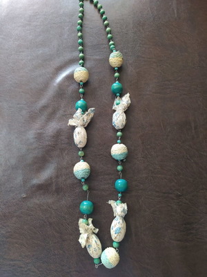 Boho necklace used, long with turquoise, wooden and fabric beads