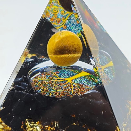 Orgonite pyramid with Tiger's Eye and Tree of Life like new