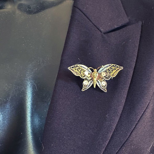 Vintage silver filigree butterfly brooch Art Deco 1930s used