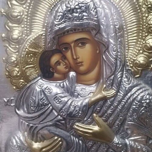 Religious icon of Virgin Mary with Christ Child, gold frame, wood-metal
