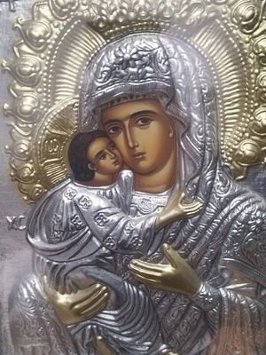 Religious icon of Virgin Mary with Christ Child, gold frame, wood-metal