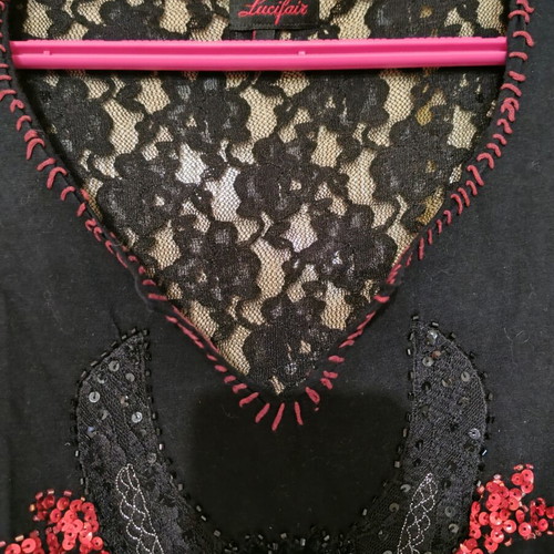 Lucifair blouse like new with embroidery and lace back, black, size L