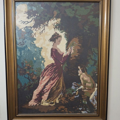 Vintage handmade embroidered framed artwork with historic lady