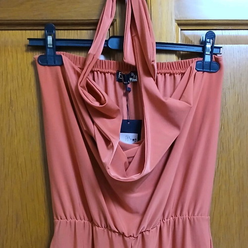 Fia jumpsuit new, coral halter neck draped, size S/M
