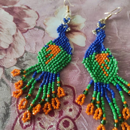 Handmade knitted earrings with beads peacock new, multicolor