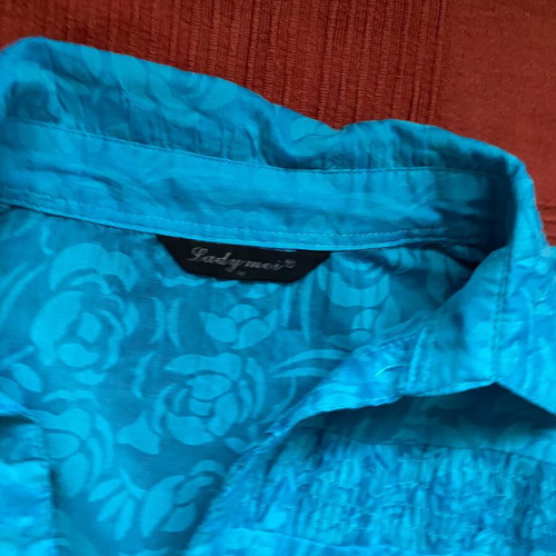 Turquoise short-sleeve shirt, floral pattern, women's