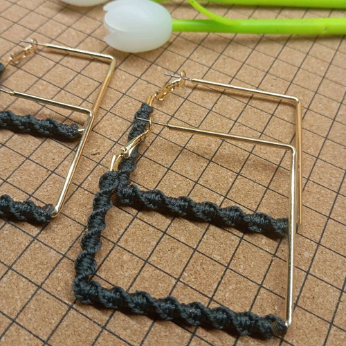 Macrame handmade earrings black hoops, gold steel, new