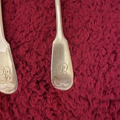 J.FRAGET VARSOVIE Vintage cutlery set used 19th century with 11 knives, 11 forks, 6 spoons