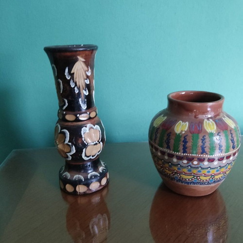 Vintage vases used, set of 2 handmade, carved and painted