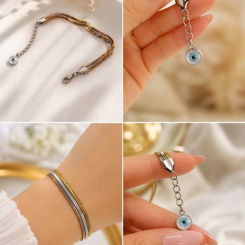 Triple stainless steel bracelet with eye charm new, minimal