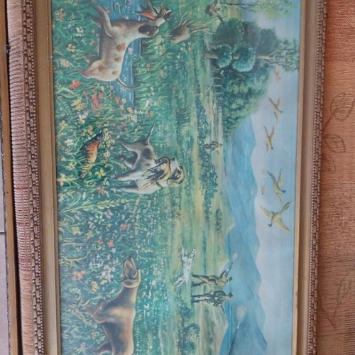 Large old hunting-themed lithographs like new, framed from the 1950s