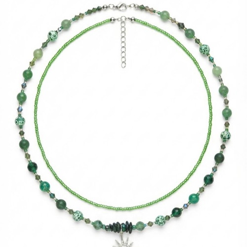Handmade double necklace with natural stones and sun pendant, new