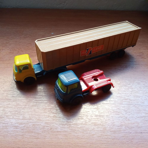 Joy Toy collectible plastic toy trucks used, pack of 2, 1980s