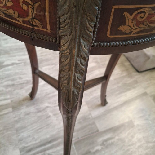 Vintage Louis XV style round table with Boulle marquetry, Italian mid-century