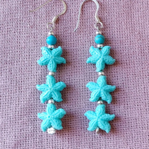 Blue earrings with starfish design and 925 silver clasp