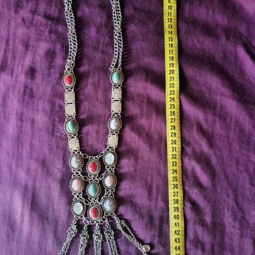Boho long necklace silver with multicolor cabochons like new