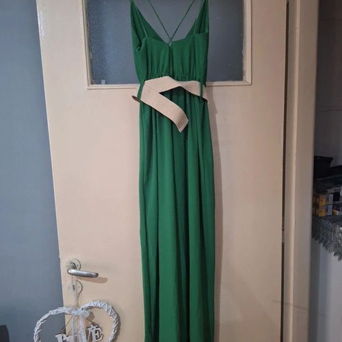 Long jumpsuit emerald green with woven belt and straps like new