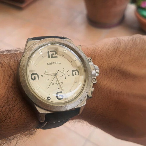 Softech 50mm watch with new battery and leather strap