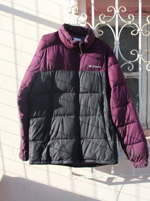 Columbia puffer jacket used with defects, gray and purple, size M