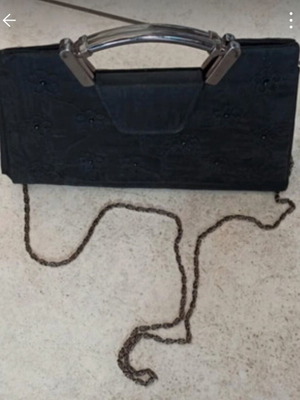 Shoulder bag with metal handle, shiny fabric and black beads like new