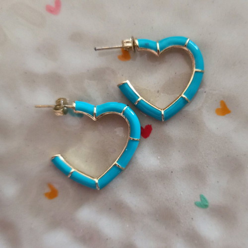 Heart-shaped steel earrings in turquoise and gold color, like new