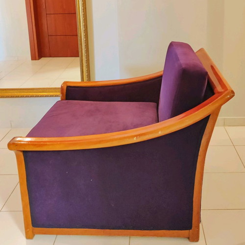 Wooden armchair like new with brown frame and dark purple upholstery