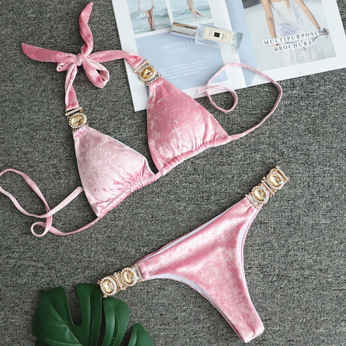 Velvet pink bikini set 2 pieces with decorative jewelry new