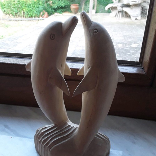 Wooden dolphins decorative sculpture used, height 21 cm