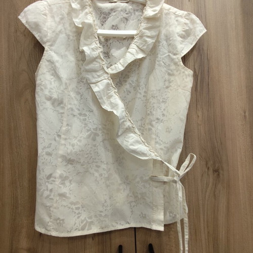 Fransa Ecru Wrap Top with Ruffles and Side Tie, Like New