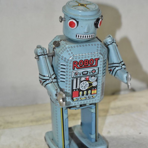 Vintage tin wind-up robot used, blue color