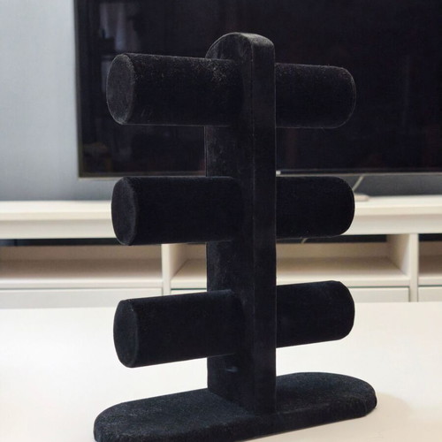Black velvet jewelry display stand for bracelets and watches, 3 tiers
