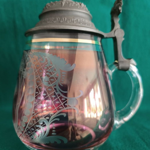 Bohemian glass beer stein with pewter lid like new