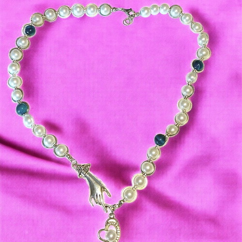 Handmade necklace with white pearls, blue tiger eye and metal elements new