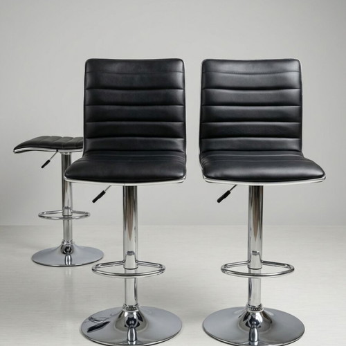 Bar stools used, set of 4, black leather and chrome base