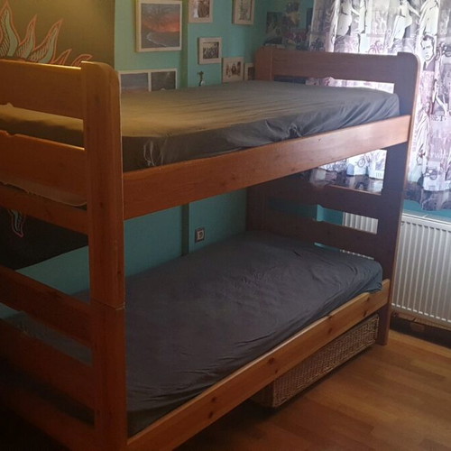 Wooden bunk bed used, solid wood, includes mattresses and nightstands