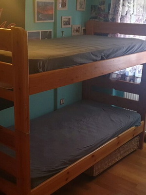 Wooden bunk bed used, solid wood, includes mattresses and nightstands