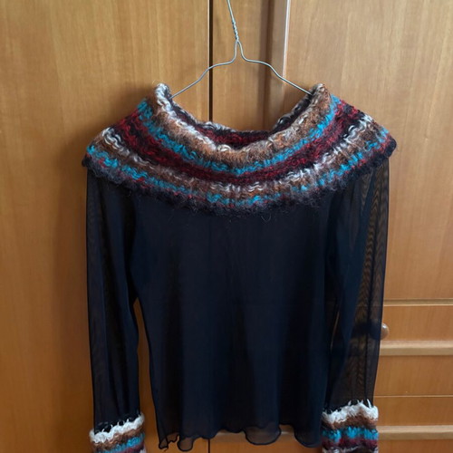 Black sheer blouse with knitted collar and sleeves like new