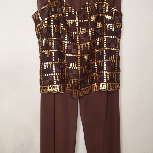 Forel Muslin Set with Pants and Top with Gold Sequins New, Brown and Gold