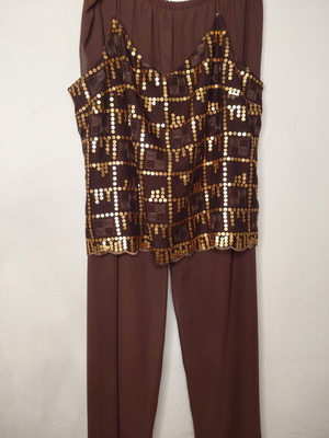 Forel Muslin Set with Pants and Top with Gold Sequins New, Brown and Gold