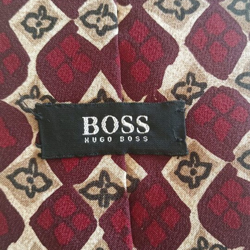 Hugo Boss Vintage Silk Tie like new, burgundy with beige geometric pattern