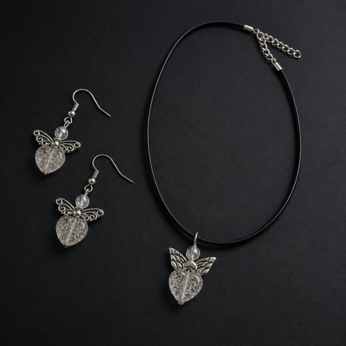 Little Angels #2 Necklace and Earrings Set with Clear Crystal, New