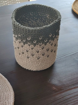 Handmade knitted basket in beige and khaki