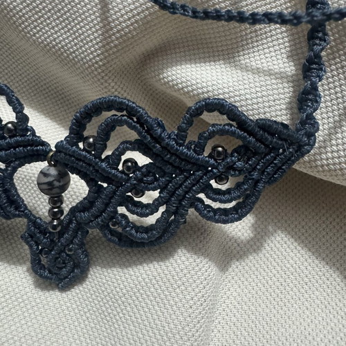 Macrame choker necklace new, dark blue, boho ethnic style