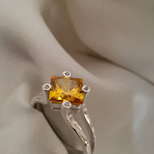 Silver ring 925 handmade with square citrine and zirconia stones, new